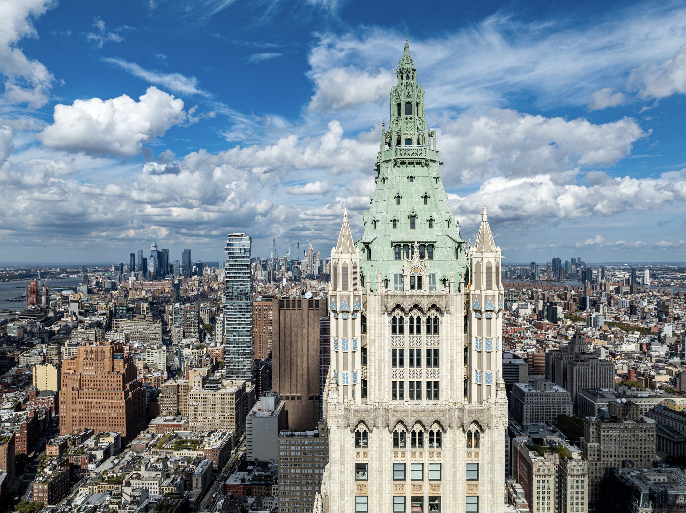 The Woolworth Building's Gothic crown rising above lower Manhattan.